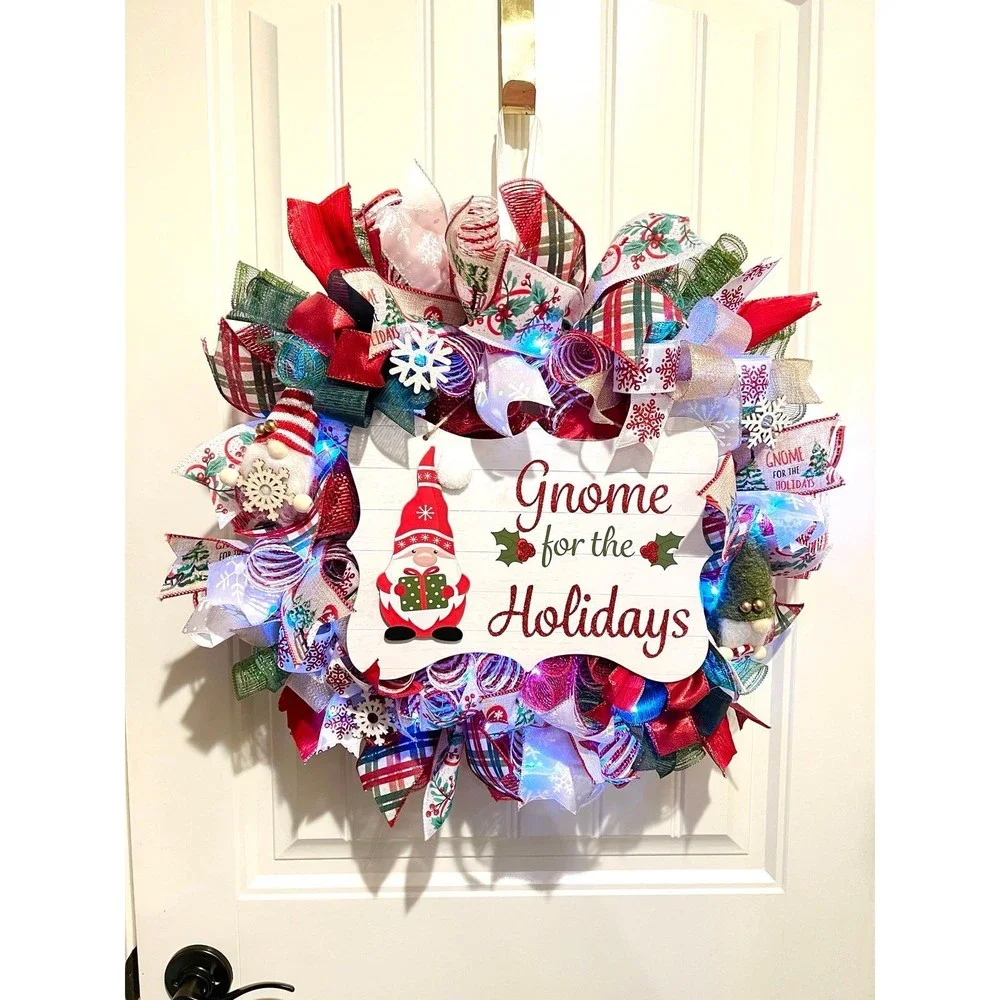 Handmade Christmas Gnome for the Holidays Ribbon Door Wreath 22 ins LED W36